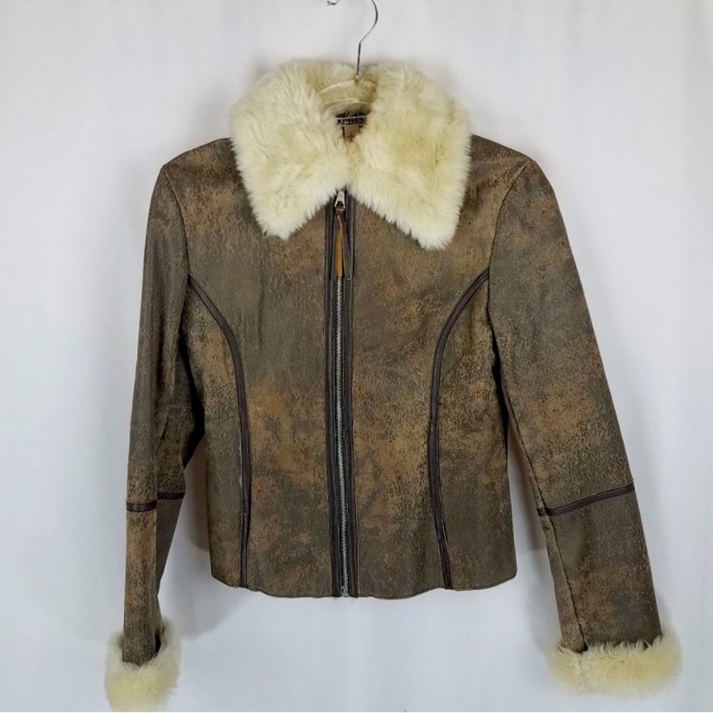 Express jacket brown leather exterior faux fur lining zip front bomber s…